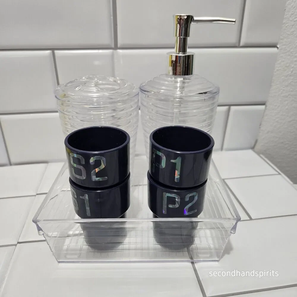 Bathroom Set Family Rinse Cups – Gender Neutral Labels P1 P2 S1 S2, Navy Blue